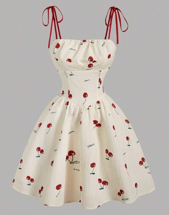 เดรสสั้นพิมพ์ลวดลายโบว์และเชอร์รี่