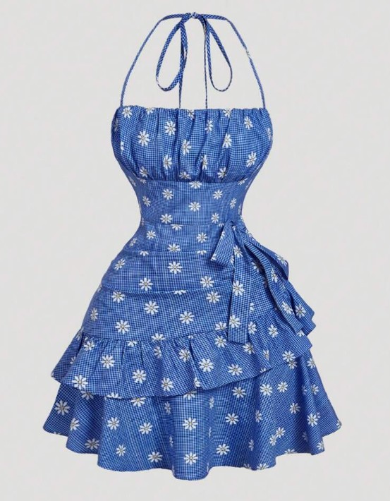 เดรสสั้นสายเดี่ยวลายดอกไม้เล็กๆ ลายสก๊อต